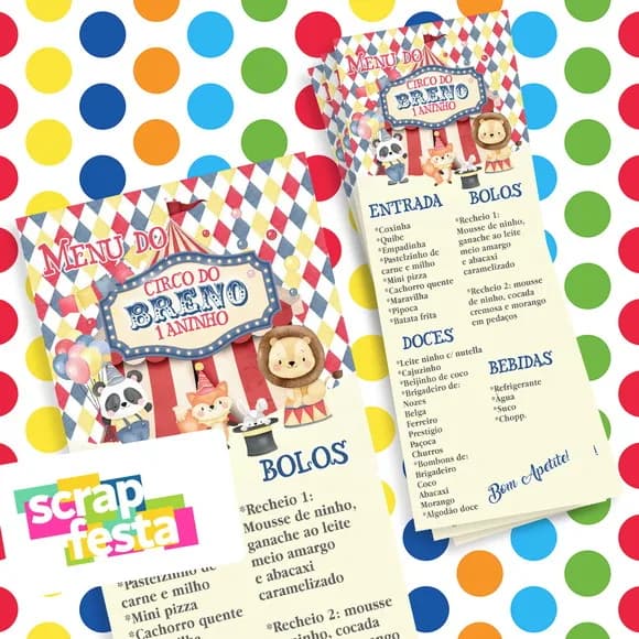 Menu Cardápio Personalizado Festa Circo Vintage