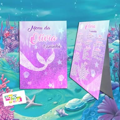 Menu Cardápio Cavalete Festa Sereia Aquarela