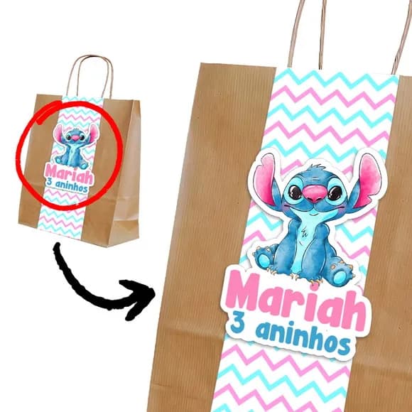 Sacola Kraft Stitch e Angel com Faixa e Aplique 3d