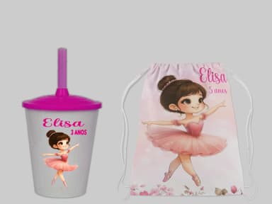 Kit Mochila e Copo Twister personalizado para lembrancinhas da Bailarina