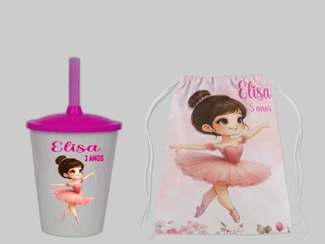 Kit Mochila e Copo Twister personalizado para lembrancinhas da Bailarina