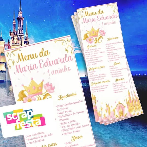 Menu Cardápio Personalizado Festa Princesas Castelo Aquarela