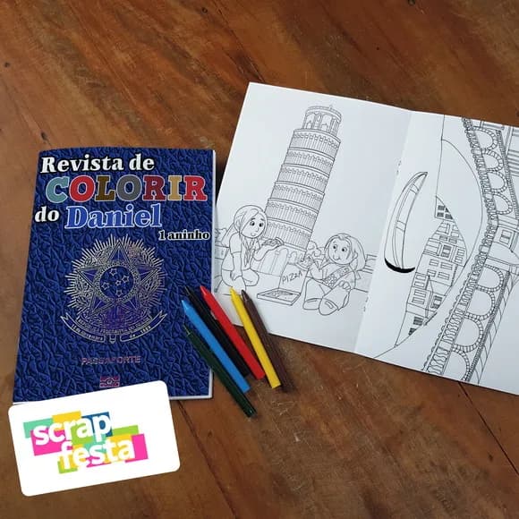 Revista Colorir + Giz de Cera Festa Passaporte Viagem