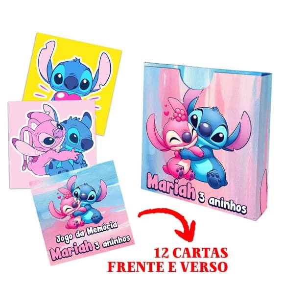 Jogo da Memória Infantil Stitch e Angel Rosa com Caixinha