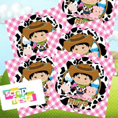 Adesivo Personalizado Quadrado 6x6 Festa Fazendinha Rosa