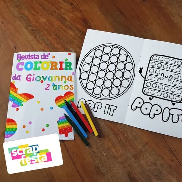 Revista Colorir + Giz Cera Personalizado Festa Pop It
