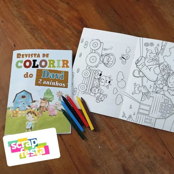 Revista Colorir + Giz de Cera Festa Fazendinha Aquarela