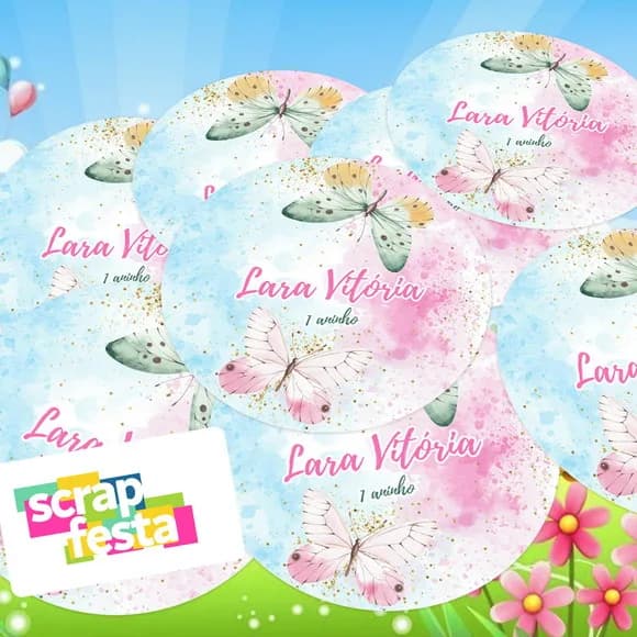 Adesivo 5cm Redondo Personalizado Jardim Encantado Borboleta