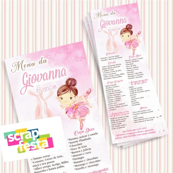 Menu Cardápio Personalizado Festa Bailarina Aquarela
