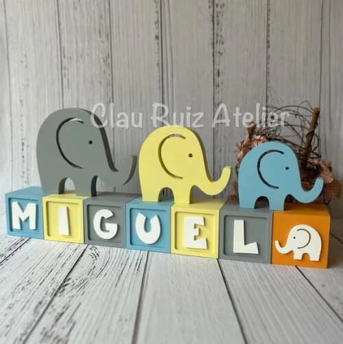 Trio de Elefantes + Cubos 6x6cm Ts Decoração Bebê