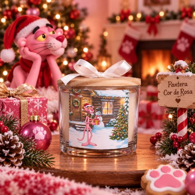 Vela Aromática no Copo Personalizada Natal Pantera Cor de Rosa - Trabalhamos com outros temas - Informar  tema no chat