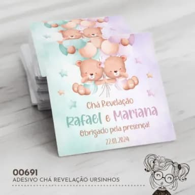 Adesivo Quadrado Chá Revelação Ursinhos - 00691