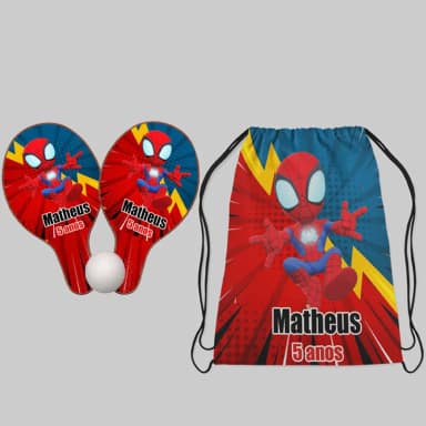 Kit Mochilinha e Raquete ping Pong Personalizada Homem Aranha Baby
