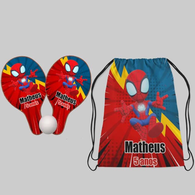 Kit Mochilinha e Raquete ping Pong Personalizada Homem Aranha Baby