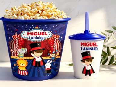 Kit Balde de Pipoca e Copo Twister Personalizado Circo Mágico