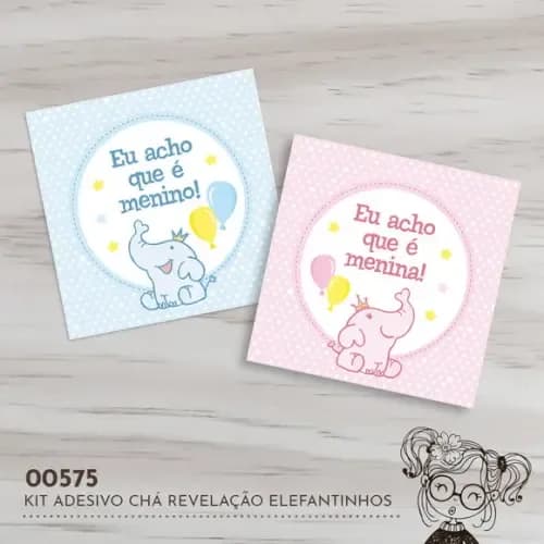 Kit Adesivos Quadrados Chá Revelação Elefantinhos - 00575