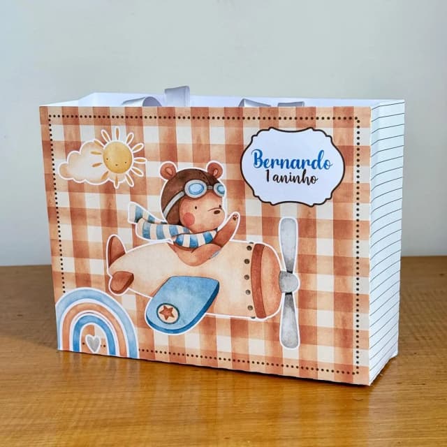 PEGUE E MONTE - Sacolinhas Personalizadas URSINHO AVIADOR - Decoração de Festa | Lembrancinhas | Aniversário | Personalizados