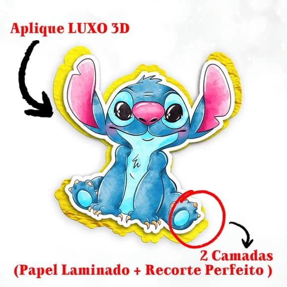 Aplique 3d Stitch e Angel com Relevo Dourado Lembrancinhas