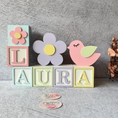 Passarinho e Flor Cubos 6x6cms Decoração Bebê e Maternidade