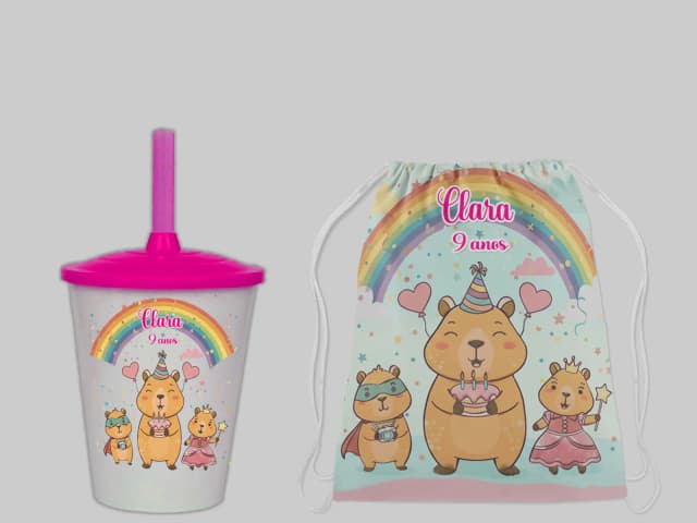 Kit Mochila e Copo Twister Personalizado lembrancinhas da Capivara