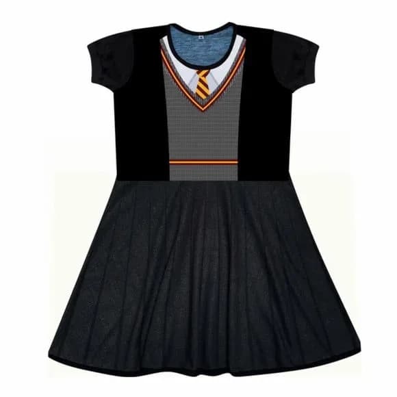 Vestido Infantil Fantasia Uniforme de Escola de Magia com Gravata Listrada