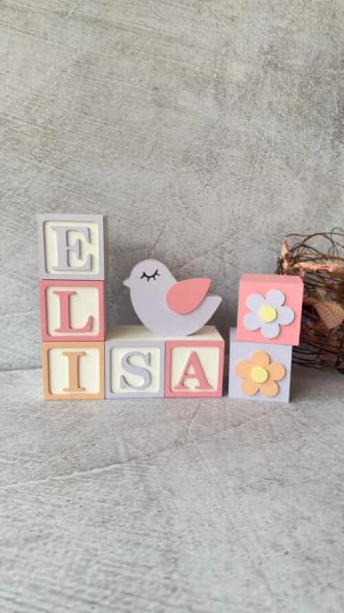 Passarinho + Cubos 6x6cm Ts - Decoração Bebê e Maternidade