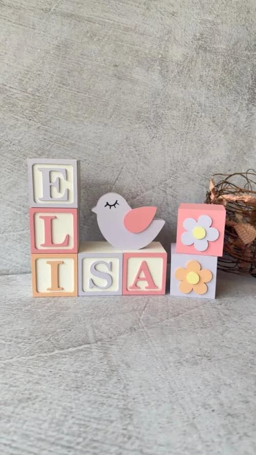 Passarinho + Cubos 6x6cm Ts - Decoração Bebê e Maternidade