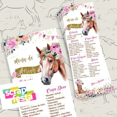 Menu Cardápio Personalizado Festa Cavalo Floral Aquarela