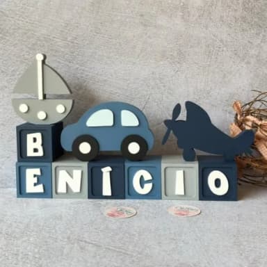 Meios de Transporte + Nomes em Cubo - Decoração Bebê