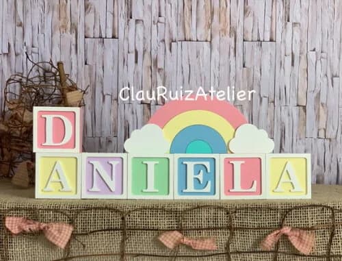Decoração Bebê Candy Colors - Cubos 6x6cm Ts + Arco Íris.