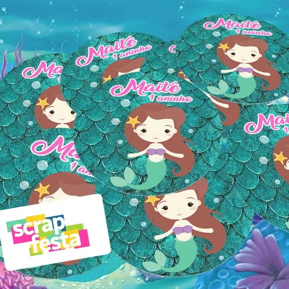 Adesivo 5 cm Redondo Personalizado Festa Sereia