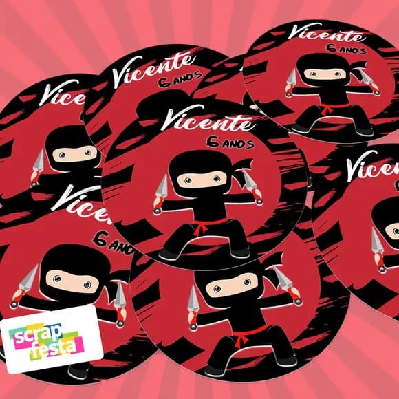 Adesivo 5 cm Redondo Personalizado Festa Ninja Luta Cute