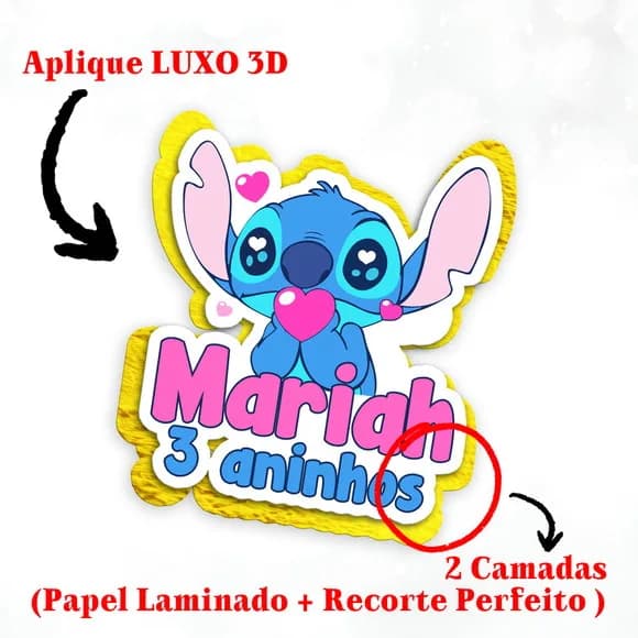 Aplique 3d Aniversário Stitch e Angel com Lamicote Brilhante