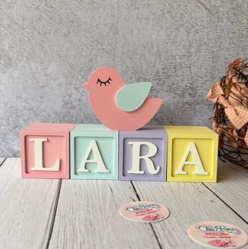 Passarinho + Cubos 6x6cm Ts - Pastel Decoração Bebê