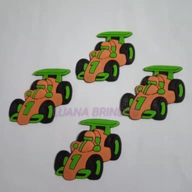 Aplique Carro de Corrida Laranja de Borracha - Pct C/6 Unid