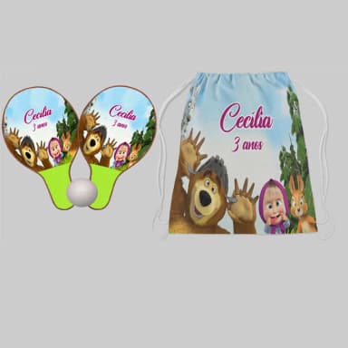 Kit Mochila e Raquete Ping Pong Personalizada da Marsha e o Urso
