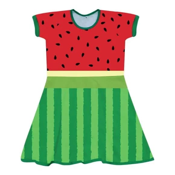 Vestido Infantil Melancia Frutinhas Casual Lúdico Rodado