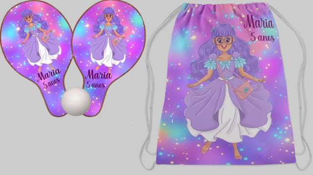 Kit Mochilinha e Raquete ping Pong Personalizada A Princesa Desastrada