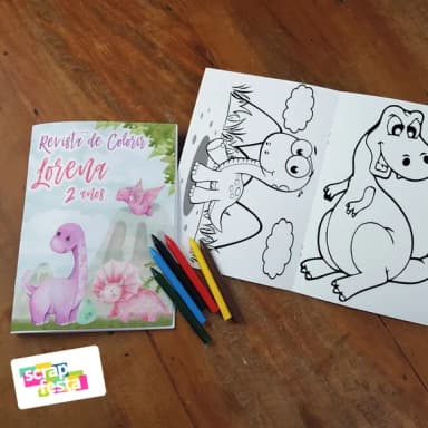 Revista Colorir + Giz de Cera Dinossauro Cute Aquarela