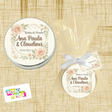 Latinha,saquinho,fitinha e Tag Personalizada Bodas de Pérola
