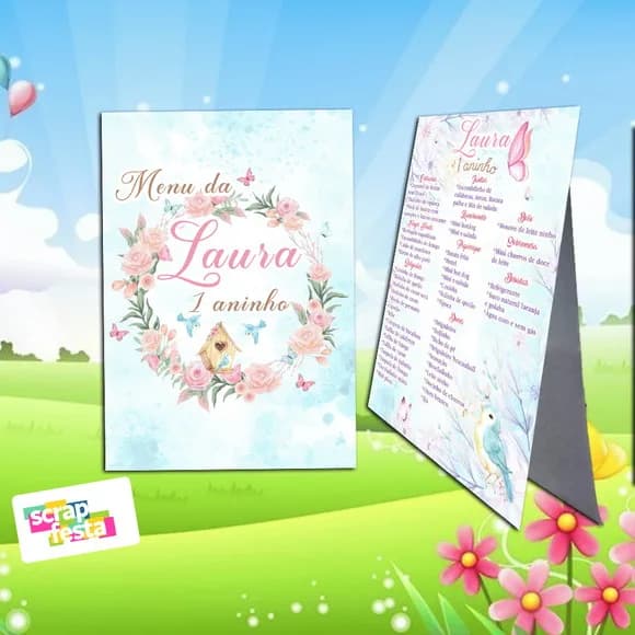 Menu Cardápio Cavalete Festa Jardim Encantado Aquarela