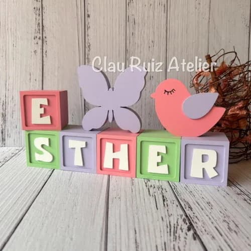 Decoração Bebê Cubos 6x6cm Candy Ts +borboleta e Passarinho