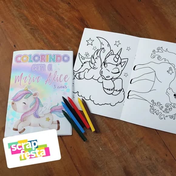 Revista Colorir + Giz de Cera Festa Unicórnio Aquarela