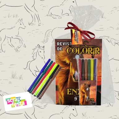 Revista Colorir+embalagem+canetinha Festa Cavalos