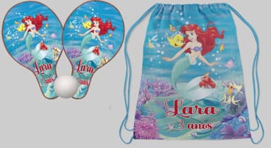 Kit Mochila +Raquete Ping Pong Personalizada da Sereia Ariel