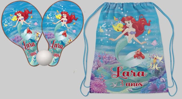 Kit Mochila +Raquete Ping Pong Personalizada da Sereia Ariel