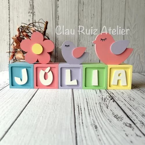Decoração Bebê Cubos 6x6cm Candy+ Dupla de Passarinho e Flor