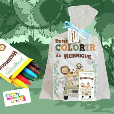 Revista Colorir+embalagem+giz de Cera Festa Safari Aquarela