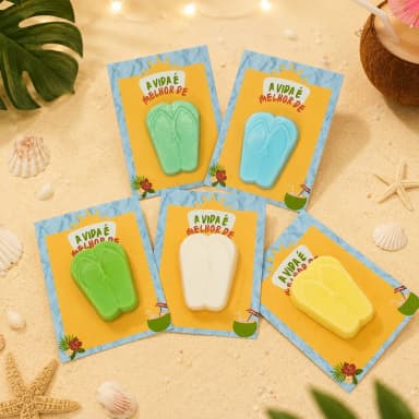 55 uni Lembrancinhas Mini Sabonete Chinelo Perfumado no Cartão Aniversário, Casamento, Chá de Bebê, Batizado e etc.