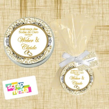 Latinha, Saquinho, Fitinha e Tag Personalizada Bodas de Ouro